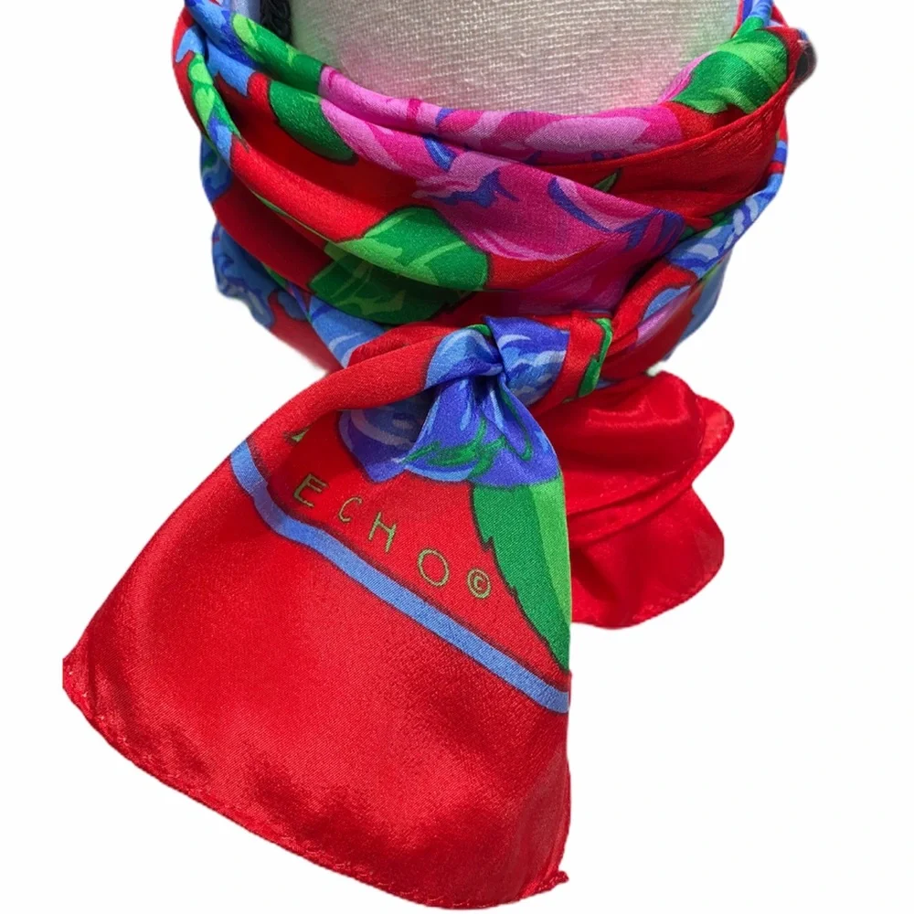 Vintage 100% Silk Red Floral Rose Scarf | ECHO